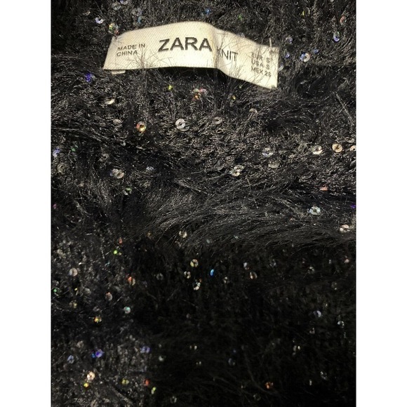 Zara Fuzzy Eyelash Black Sparkly Cropped Crewneck Sweater Size Small NEW - Picture 6 of 6